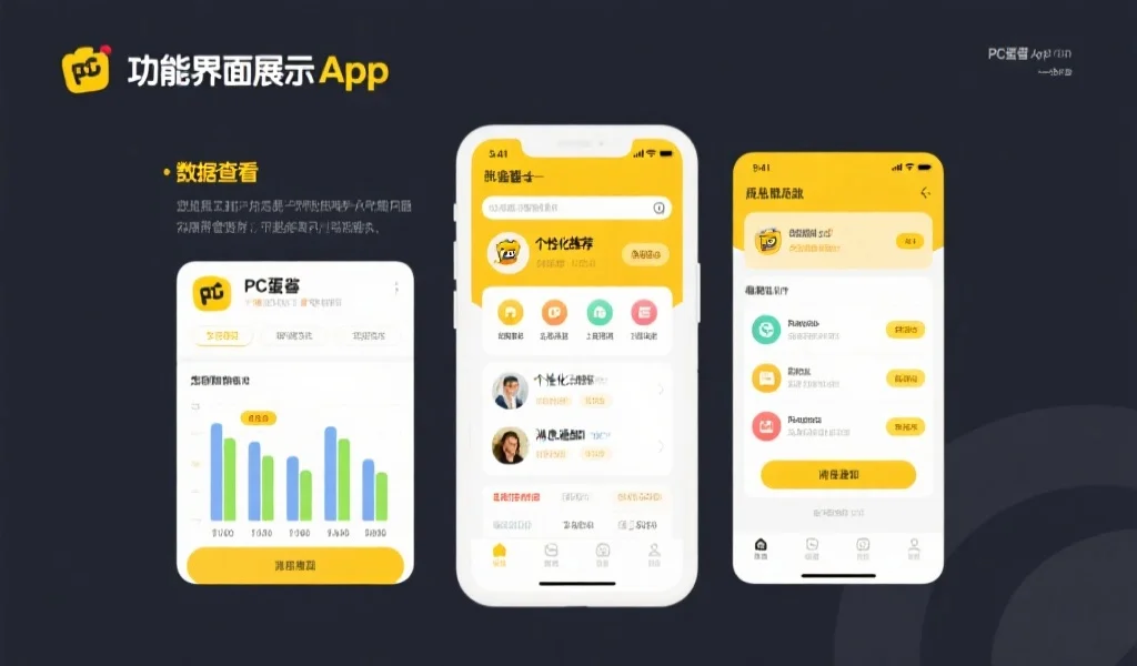 PC蛋蛋App的功能界面展示，包括数据查看、个性化推荐和消息通知等模块，界面简洁明快